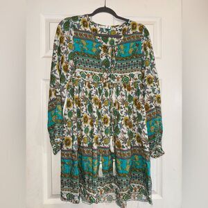 R.Vivimos Women's Long Sleeve Boho Floral Print Mini Tunic Dress Size Small EUC